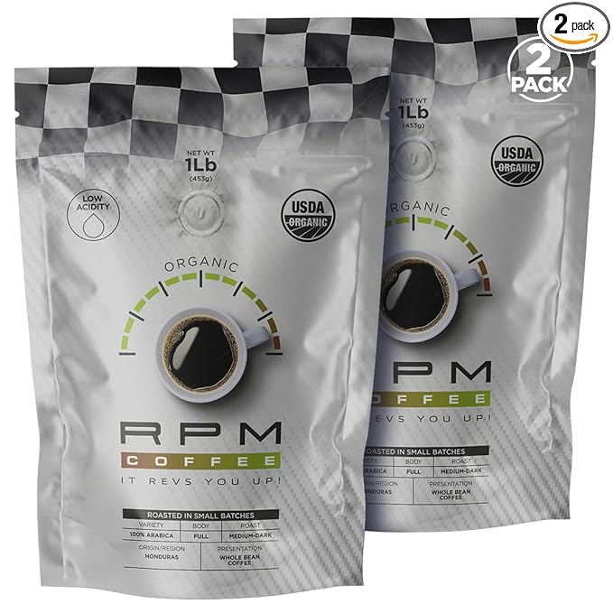 2LB RPM Organic Premium Coffee, Standard Caffeine - Supercharged Flavor, Medium-Dark Roast, 100% Arabica Beans, Low Acidity