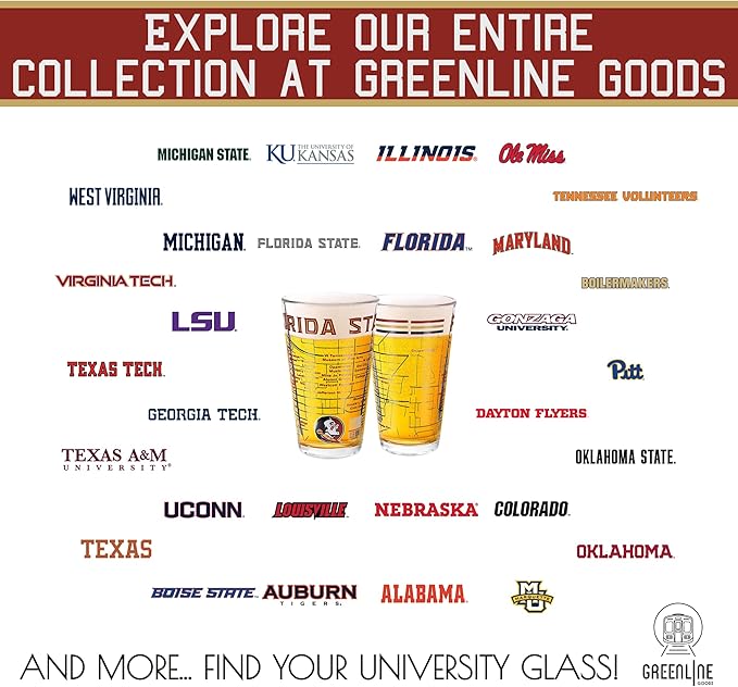 Greenline Goods – Florida State University Seminoles College Pint Beer Glasses (Set of 2), 16 oz – Full-Color Logo + Campus Map
