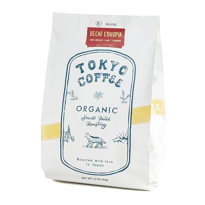 TOKYO COFFEE Ethiopia Moka Organic Decaf Coffee Beans - 12 oz Medium Dark Roast Whole Bean - Smooth & Bold Flavor, Mountain Water Decaffeinated