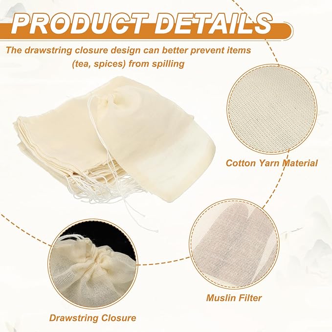 uxcell 20 Pcs Spice Bags for Cooking, 6x4 in Reusable Empty Tea Bags Muslin Strainer Cotton Cheese Cloth for Loose Leaf Tea Sachet Straining Soups Herbs, Beige