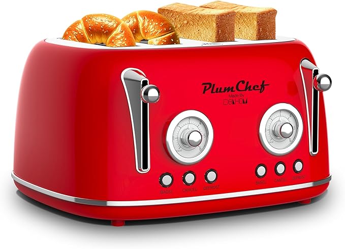 4 Slice Retro Style Toaster, Dual Control Toaster with Warming Rack, 6 Browning Settings, Bagel/Defrost Functions, Removable Crumb Tray, Stainless Steel Housing 1650W, Red