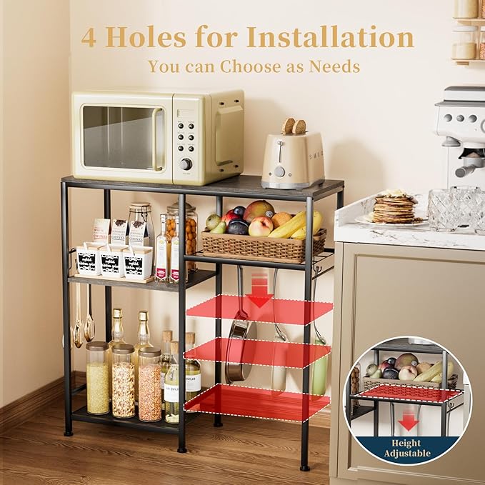 Consumest Microwave Stand, Adjustable Coffee Bar Cabinet, Multifunctional Pan Organizer with 6 Hooks and 3 Shelves, Bakers Rack for Shovel, Pots, Fruits, Vegetables, Grey & Black