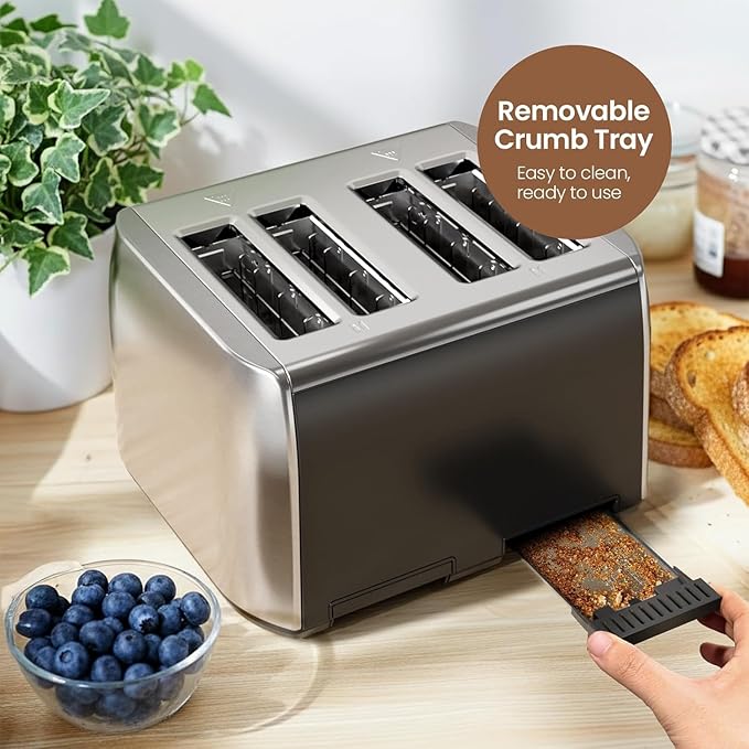 4 Slice Toaster with Crumb Tray for Easy Cleaning, 6 Browning Settings, Self-Centering Dualit Bread Toaster 4 Slice, Cancel, Defrost&Reheat Function