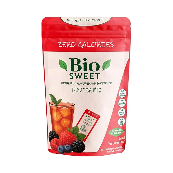 BioSweet Iced Tea Mixes - Red Berries Flavor | Zero Calorie Mix from Real Black Tea | Naturally Sweetened & Flavored | Non GMO, Gluten Free, Vegan (16 single-serve packets)