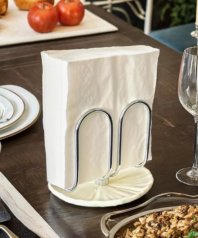 VROOMIUM Napkin Holder for Table, Effortless Cleaning Ceramic Base, 1 lb Weight, Silver Napkin Holders for Paper Napkins, Servilleteros para Mesas