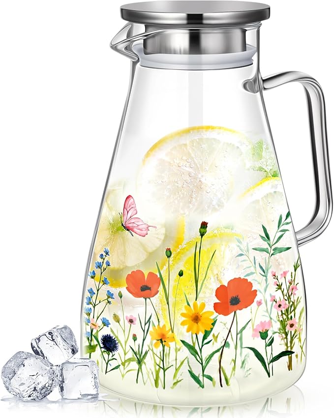 Domensi 74 oz / 2200 ml Glass Pitcher with Lid Water Pitcher with Handles Beverage Water Jar Glass Jug Hot and Cold Resistant Carafe for Tea Juice Milk Coffee Iced Beverage(Wild Flower)