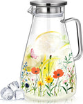 Domensi 74 oz / 2200 ml Glass Pitcher with Lid Water Pitcher with Handles Beverage Water Jar Glass Jug Hot and Cold Resistant Carafe for Tea Juice Milk Coffee Iced Beverage(Wild Flower)