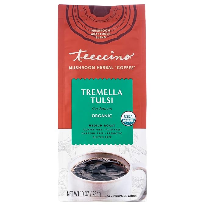 Teeccino Tremella Tulsi Coffee Alternative - Cardamom - Organic Adaptogenic Herbal Mushroom Coffee, Medium Roast, Caffeine Free, Prebiotic, Acid Free, Gluten Free - 10 Oz