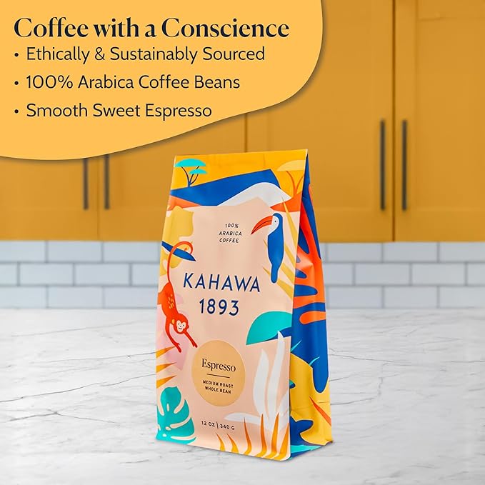 Kahawa 1893 Whole Bean Coffee Medium Roast 1893 Espresso Blend 12 Oz - As Seen on Shark Tank, Naturally Sweet, Organically Grown, Ethically & Sustainably Sourced
