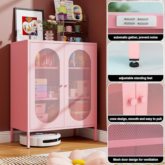 Display Cabinets with 2 Mesh Doors，Kitchen Cupboard, Storage Closet with Adjustable Shelf and High Feet, Pink Cabinet for Home, Office, Living Room,Dining Room,Sideboard, Hallway and Entryway