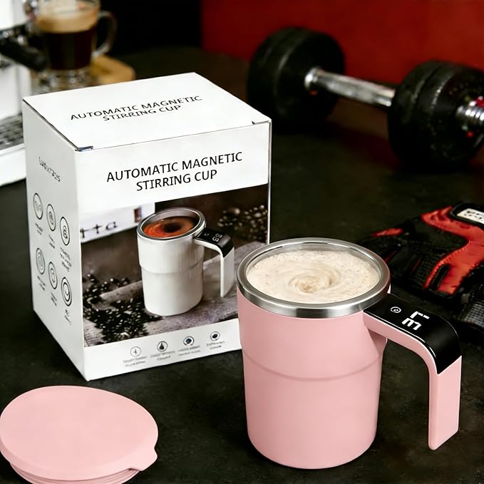 Electric Coffee Mug with a Built-in LCD Thermometer, Perfect for Protein Powder, Brewing Coffee, Milk, Cocoa, Etc, Self Stirring Coffee Mug (Pink)
