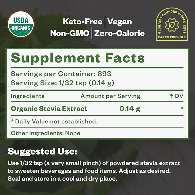 Organic Stevia Concentrated Powder, 125g, Organic Pure Stevia Powder, No Fillers, No Artificial Sweeteners, No Aftertaste, Zero Calorie Sweetener, Sugar Substitute, 4.4 oz, 846 Servings
