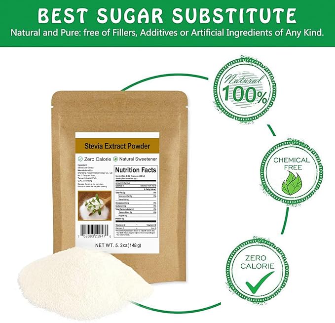 Pure Stevia Extract Powder without Erythritol 5.2oz(148g) - Highly Concentrated Stevia Powder Sweetener, Zero Calorie, No Artificial, Natural Sugar Alternative