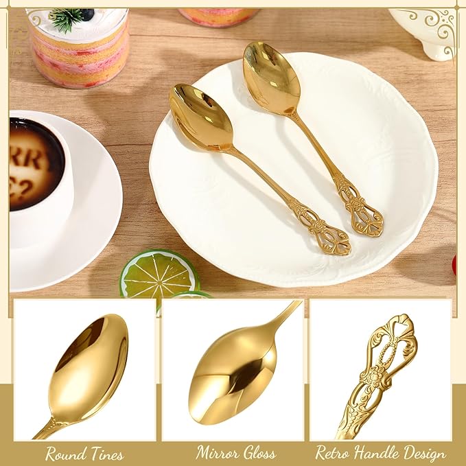 Dandat 20 Pcs 6.6" Gold Luxury Teaspoons Stainless Steel Gorgeous Tea Party Spoons Dessert Spoons for Stirring Coffee Sugar Drink Kitchen Cafe Bar Wedding Tableware, Vintage Style
