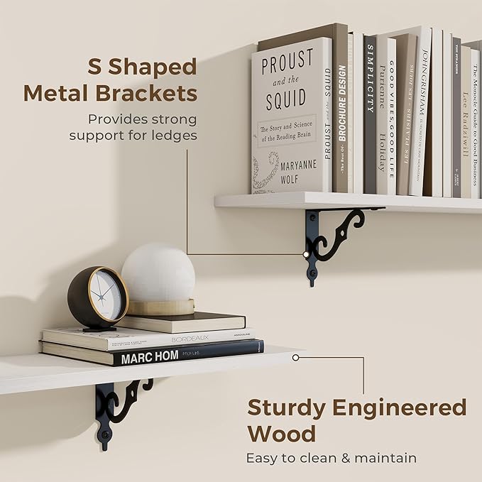 RICHFOCUS Floating Shelves for Wall Decor, 35.4W x 8D Shelves Set of 2, 8 Inch Deep Rustic Wood Shelves Wall Mounted with Brackets, Long Floating Shelves for Living Room Bedroom Kitchen, White