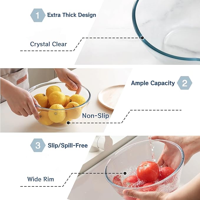 5pc Glass Mixing Bowls Sets (4.65QT, 2.80QT, 1.64QT, 1.16QT, 0.85QT), Glass Nesting Kitchen Thick Bowl for Baking, Cooking Prep, Storage, Large Salad Bowls Sets-Dishwasher Microwave Freezer Safe