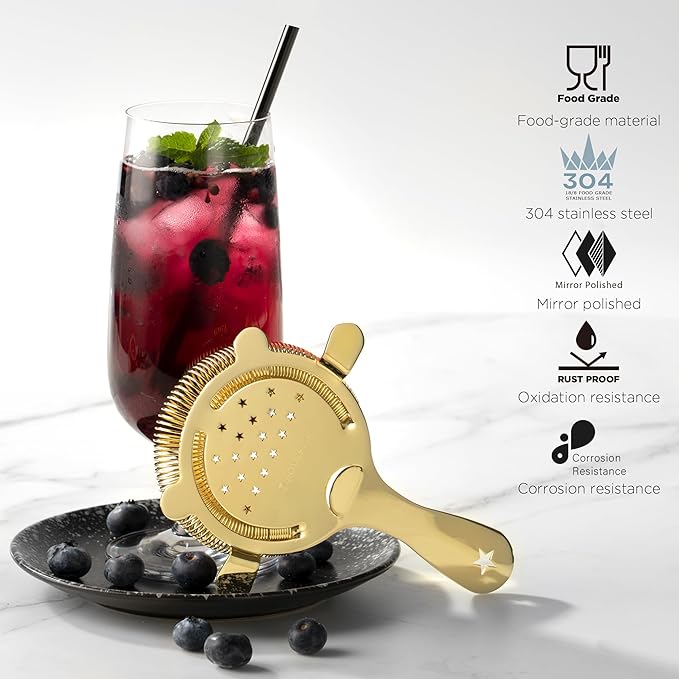 Homestia Hawthorne Cocktail Strainer - Stainless Steel Bar Strainer for Bartending, Bar Tool Drink Strainer for Bartenders and Mixologists, Martini Strainer for Boston Shaker Mixing Glass (Gold)