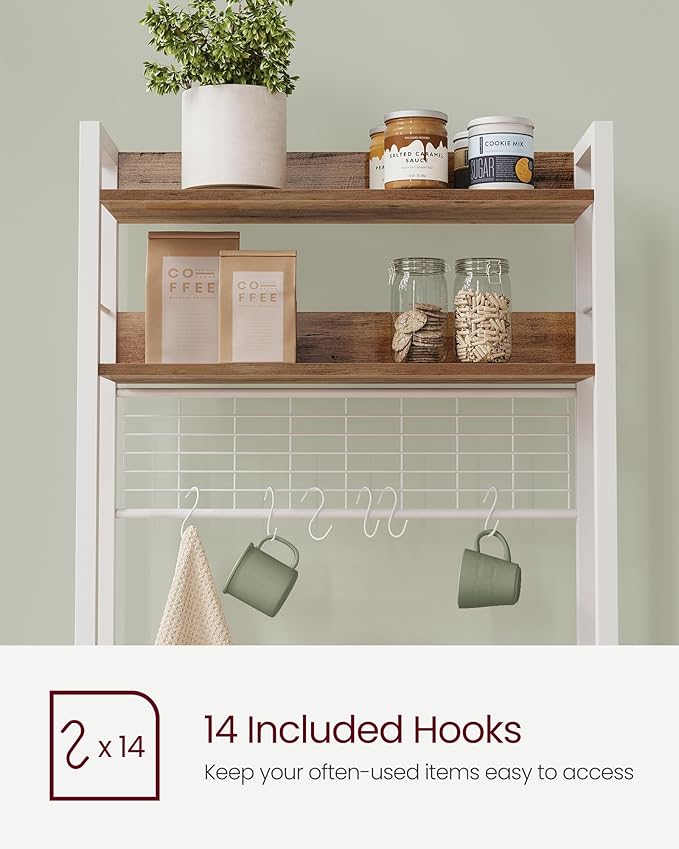 VASAGLE Bakers Rack with Power Outlet, Microwave Stand, Kitchen Tall Utility Storage Shelf, with Metal Wire Panel, 14 Hooks, 15.7 x 23.6 x 66.9 Inches, Rustic Walnut and Cloud White UKKS037W41