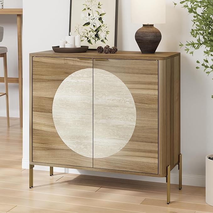 Modern Sideboard Buffet Cabinet, Wood Accent Cabinet with Faux Travertine Inlay & Gold Legs, Storage Cabinet for Dining Room, Living Room, Entryway