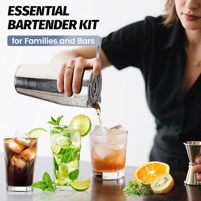 Cocktail Shaker Set Bartender Kit: 13-Pcs Bar Tools Set with Bamboo Stand, Essential Bar Accessories for Home: 25oz Martini Shaker, Jigger, Bar Spoon, Professional Cocktails Kit for Drink Mixing |Gift