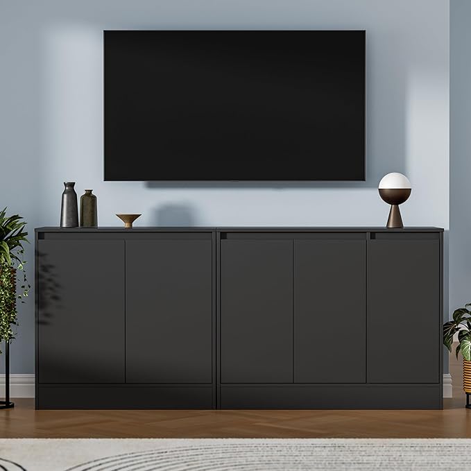 Buffet Cabinet with Storage, Coffee Bar Cabinet with 3 Doors and Adjustable Shelf, Modern Kitchen Buffet Sideboard for Living Room, Kitchen, Black