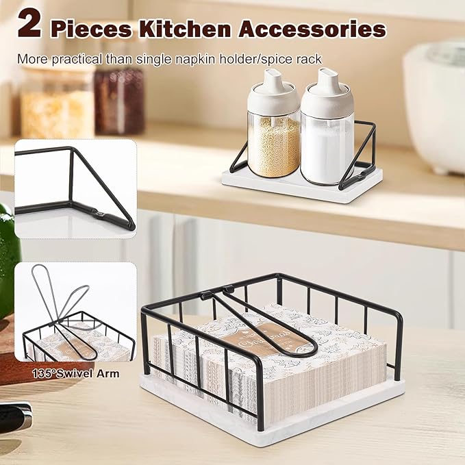Livabber Flat Napkin Holder, Metal Kitchen Napkin Storage with Weighted Tension Arm Rustic Tissue Paper Dispenser for Countertop, Table Kitchen, Dining Room (with Marble Base, Black Napkin Holder Set)