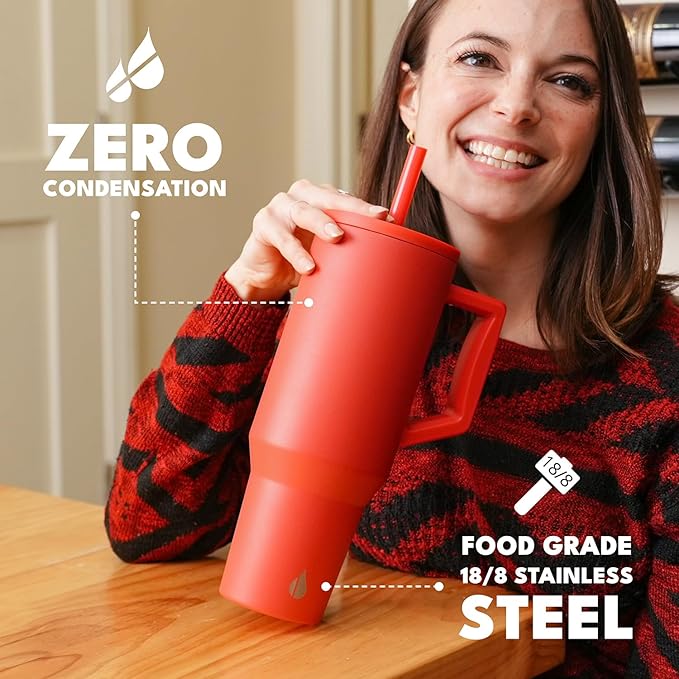 Elemental 40 oz Tumbler with Handle and Straw - Spill Proof Insulated Stainless Steel Commuter for Hot and Cold Beverages - Travel Coffee Mug with 2 Straws & Spill Proof Lid - 40oz - Red