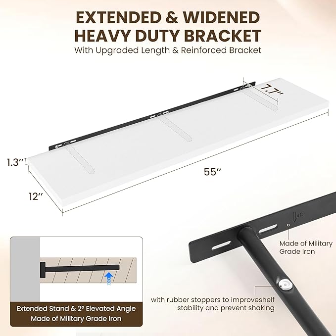 Dreamland 55" Floating Shelves for Wall, 12" Deep Slim White Floating Shelves, Wall-Mounted Shelves for Bedroom, Living Room, Kitchen, Bathroom - Set of 2