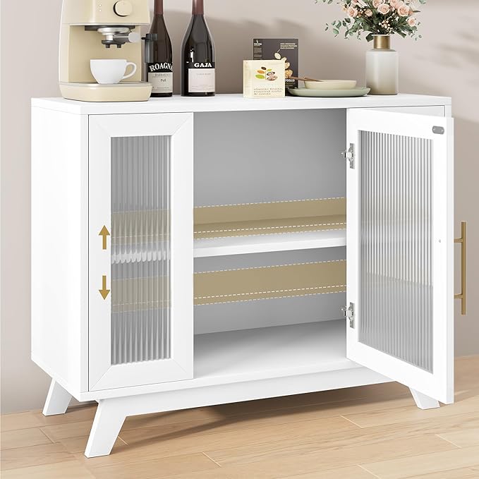 GarveeHome 36 Inch Coffee Bar Buffet Cabinet with Fluted Glass Doors and Gold Handles, Modern Sideboard Storage with Adjustable Shelves, for Kitchen Dining Room Living Room Entryway, White