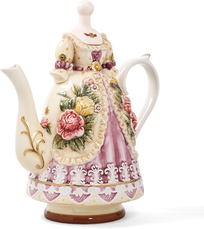 Large Ceramic Teapot and Coffee Pot with Lid, 3D Embossed Victoria Pink Rose Flowers Decorative Teapot(Red）