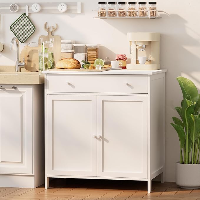 Crownland 31" Sideboard Buffet Cabinet with Drawer, 2-Door Kitchen Storage Cabinet with Adjustable Shelves, Modern Farmhouse Sideboard, Coffee Bar for Dining Living Room(White)