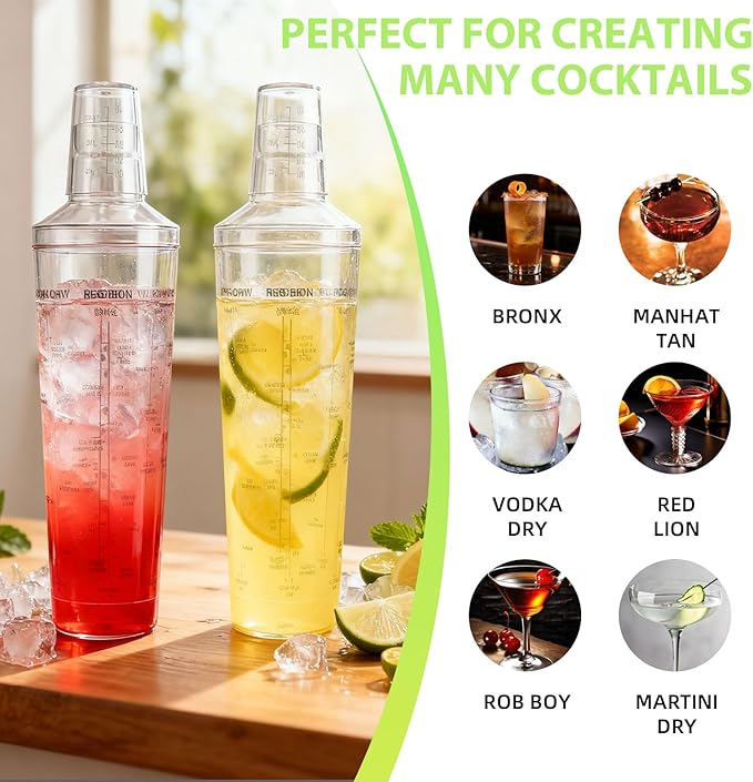 Plastic Boston Cocktail Shaker Set, 6 Pack 24oz Shatterproof Bartender Kit with Built-in Strainer Lids, Travel Bar Tools for Beginners, Mixing Martinis, Margaritas (700ML-B, 6 pack)
