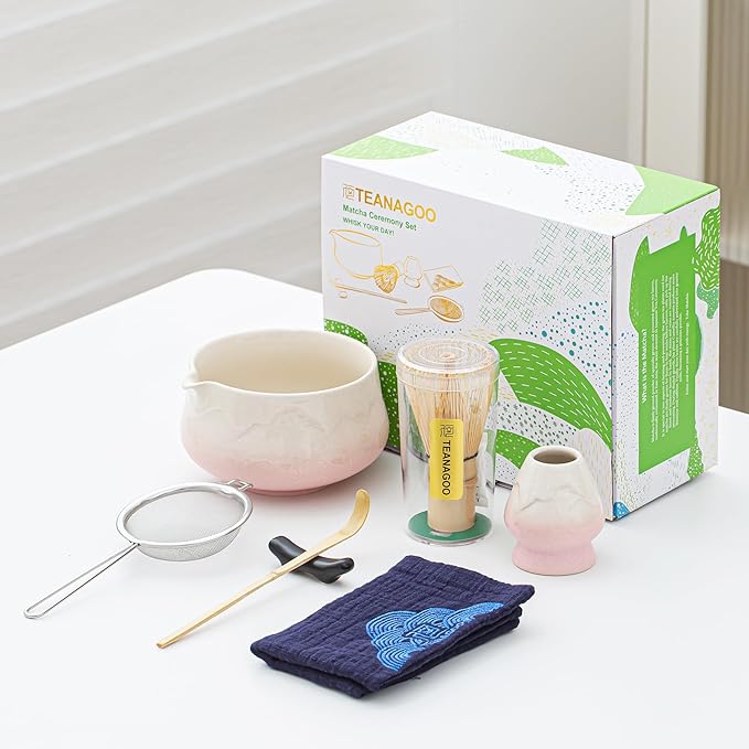 TEANAGOO 7 Pcs Matcha Whisk Set, Pink Matcha Set, Ceremony Matcha Powder Kit,Matcha Tea Set for Making Latte,Matcha Whisk Set and Bowl with Scoop&Sifter,Fuji Design Ceramic Bowl,Gift for Matcha Lovers