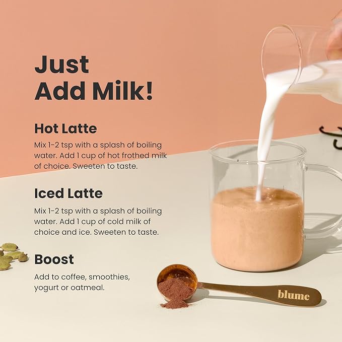 Blume Superfoods Latte - Vanilla Chai Blend with Black Tea, Cardamon, Cinnamon, Low-Caffeine, Low-Sugar, Organic, Keto Friendly, Vegan, Mushroom Blend- 25 Servings