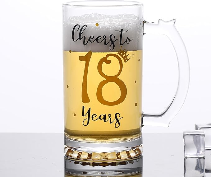 18th Birthday Gift，Men and Women Cheering 18th Birthday Beer Mugs，Cheers to the 18th Anniversary Beer Glass，18th Birthday Party Wedding Anniversary Decorative Gift, 18 Ounce (Cheers to 18 Years)