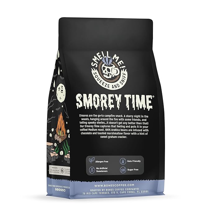 Bones Coffee Company S'morey Time, S'mores and Graham Crackers Flavored Coffee, Medium Roast Low Acid Arabica Beans Compatible with Auto drip and French Press Coffee Maker, 12 Oz Whole Bean