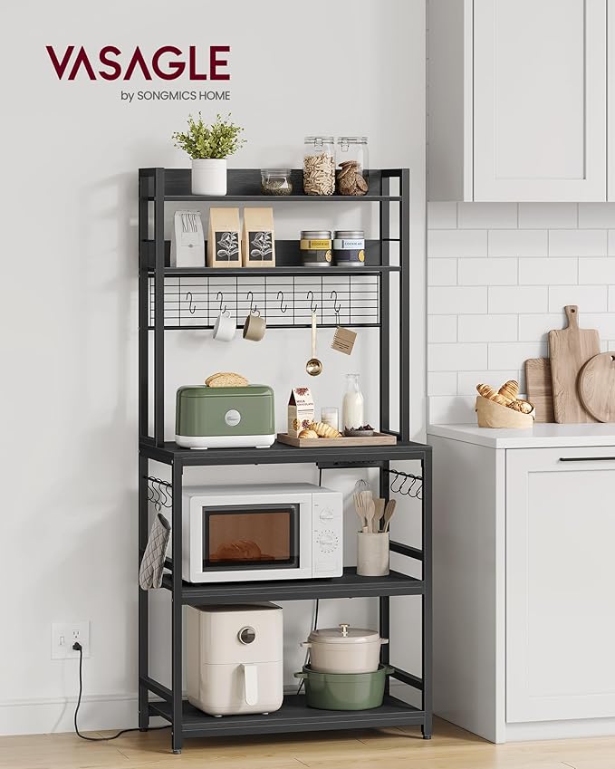 VASAGLE Bakers Rack with Power Outlet, Microwave Stand, Kitchen Tall Utility Storage Shelf, with Metal Wire Panel, 14 Hooks, 15.7 x 31.5 x 66.9 Inches, Charcoal Gray and Ink Black UKKS025B22