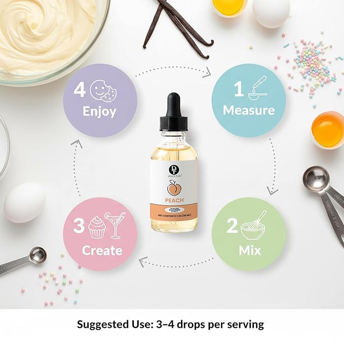 Dolce Flav Peach Extract – 2 Ounce Oil-Soluble Kosher, Sugar-Free, Concentrated Juicy Peach Flavoring for Baking, Chocolates & Desserts, Includes Measured Dropper