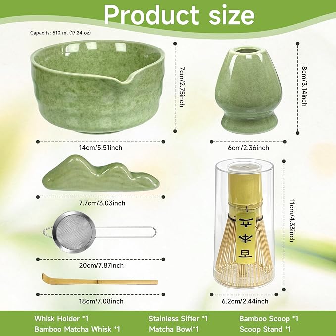 6 Pcs Matcha Whisk Set, Matcha Set Includes Matcha Bowl with Spout, Whisk, Holder, Sifter, Bamboo Scoop and Scoop Rest, Ceramic Matcha Kit for Matcha Lovers