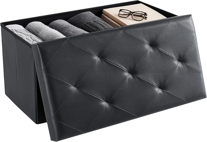 DUMOS Folding Storage Ottoman Bench 30in, Synthetic Leather Foot Rest Stools Ottoman with Storage Chest Footstool for Living Room, Bedroom, Load 660 lb, Modern Black