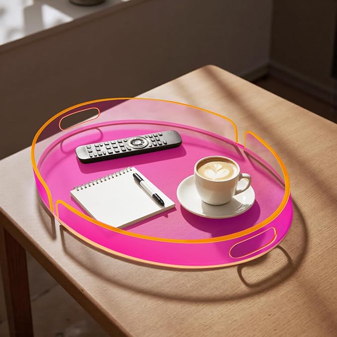 Acrylic Serving Tray with Handles Large Decorative Ottoman Tray 17x13'' Round for Bathroom Food Coffee Fruit Snack Tea Dinner Living Room, Neon Pink