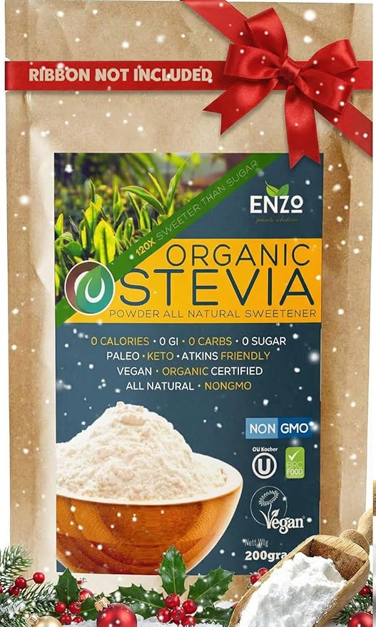 Enzo Easy Use Organic Stevia Powder 200g (7.05oz / 1600 Servings) All Natural Alternative Sweetener 12 x Sweeter than Processed Sugar with No Artificial Additives & Fillers
