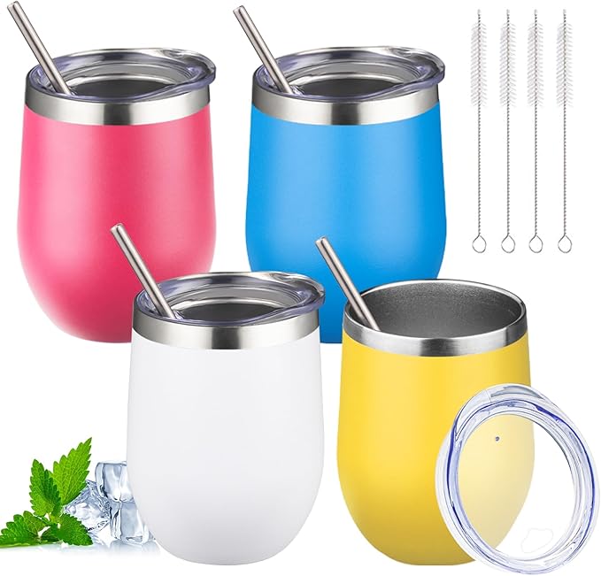 12oz Stemless Wine Tumbler with Lid Double Wall Insulated Wine Cup Stainless Steel Glasses Tumbler with Straw Insulated cocktail Tumbler Coffee Mug for Hot and Cold Beverages (Multicolor-8,4Pack)