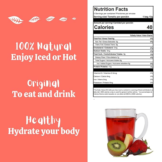 Alibú Dried Fruit Tea Infusions - Alegria - Strawberry, Apple, Kiwi, Hibiscus – Certified Vegan, 100% Natural, Hot or Iced, Caffeine Free, Eat or Drink - Box of 2.12 oz