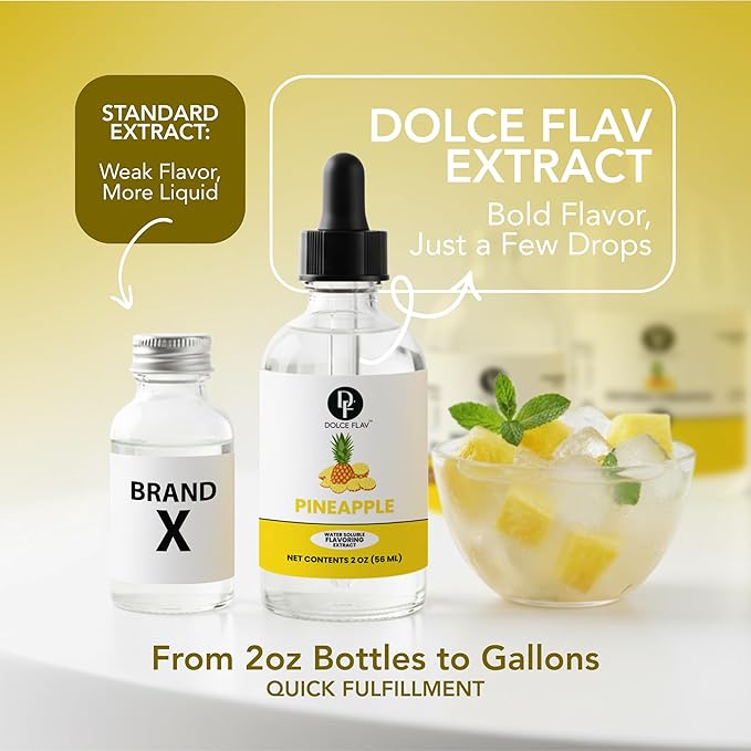 Dolce Flav Natural Pineapple Extract – 2 oz Water-Soluble Pure Pineapple Flavoring Drops for Baking, Drinks & Desserts | Highly Concentrated | Sugar Free | Allergen Free | Made in USA