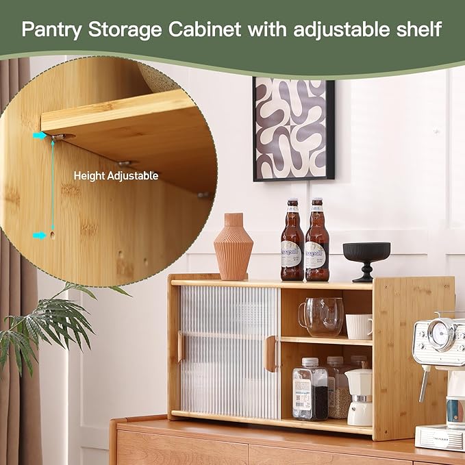 Wall Mounted Bamboo Countertop Storage Cabinet with Glass Door, Hanging Kitchen Cupboard with Adjustable Shelves, Small Pantry Sideboard for Dining Room, Bathroom, Wood
