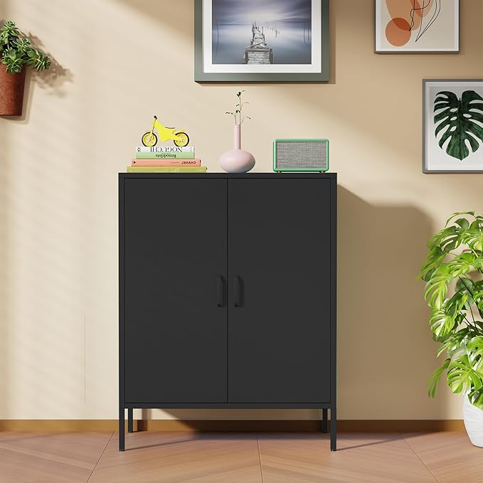 Black Metal Storage Cabinet,Metal Locker Storage Cabinet with 2 Doors and Shelves,Kitchen Pantry Cabinet,Modern Storage Freestanding Organizer Rust for Home,Kitchen,Office