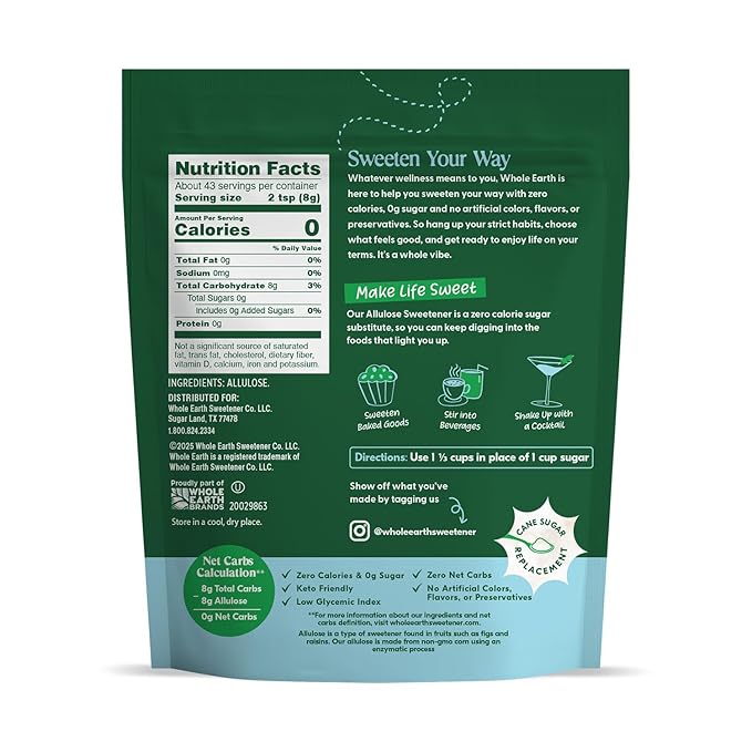 Whole Earth Zero Calorie Allulose Sweetener, Zero Calorie Sugar Substitute, Keto-Friendly, Non-GMO, No Erythritol, Erythritol-Free, Pouch, 12oz Pouch