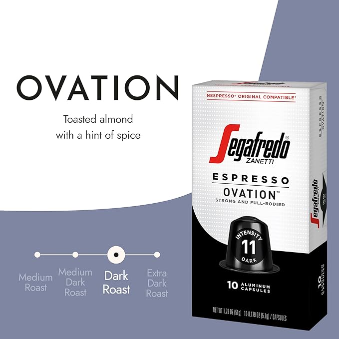 Segafredo Zanetti Espresso Capsules – Aluminum Pods for Nespresso Original Machines – Dark Roast Premium Espresso with a Full-Bodied Aroma – Strong, Intensity 11 – Ovation, 10 Count (Pack of 4)