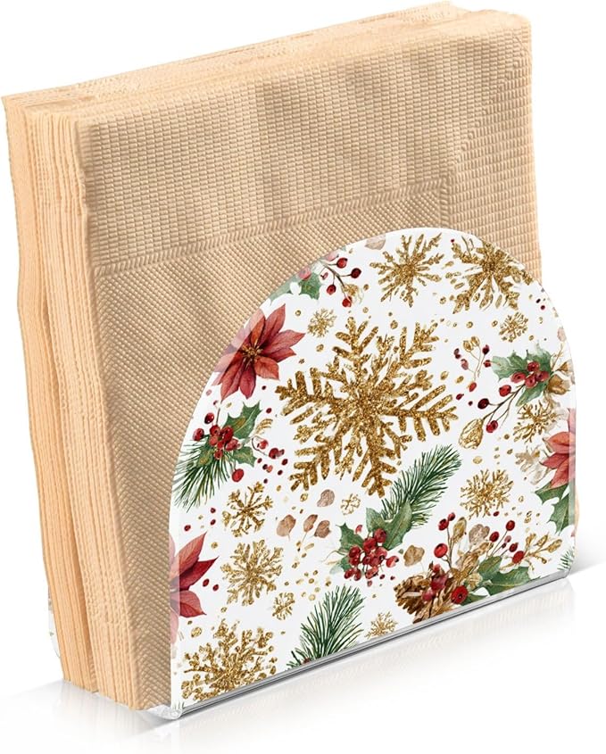 Golden Glitter Snowflakes Napkin Holder for Table Paper Cocktail Napkin Holders for Kitchen Dinning Acrylic Dinner Napkin Dispenser for Dinner Home Decor Bar 2 Pack